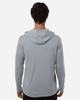 A light grey men's hooded t-shirt with long sleeves, featuring a hood and a minimalist design.