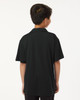 A black youth polo shirt featuring a collar and short sleeves, with a logo on the back.