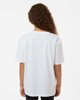 A youth-sized white performance t-shirt with a relaxed fit, featuring a logo on the back.