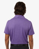 A men's polyester heather melange polo in purple, featuring a classic collar and short sleeves, with a logo on the back.