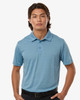A blue polyester heather melange polo shirt with a collar and three buttons, featuring a logo.