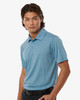 A men's polyester heather melange polo in a light blue colour, featuring a collared design and short sleeves.