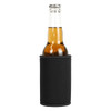 A drink bottle is encased in a black stubby holder, designed to keep beverages insulated.