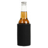 A drink bottle with a black stubby holder. The holder features stitching and fits snugly around the bottle.