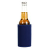 A drink bottle in a navy blue stubby holder, designed to keep beverages cold. The holder features a logo.