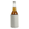A grey stubby holder surrounds a drink bottle with a sparkling beverage inside. It features a logo.