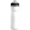 A drink bottle in white with a black cap, featuring a spout for easy sipping and a logo.