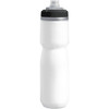 A drink bottle in white with a black lid, featuring a sports drink spout and a sleek design.