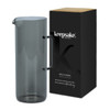 A drink bottle in a smoky grey colour, presented alongside a black box with branding.