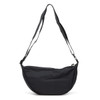 A black shoulder bag with a curved shape and two adjustable straps, featuring a logo on the front.