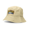 A beige bucket hat featuring an embroidered fish design and a logo.