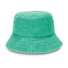 A green washed bucket hat with a round crown and wide brim, featuring small side vents and a textured finish.