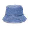 A blue washed bucket hat with a wide brim and textured fabric. Features ventilation holes and a logo.