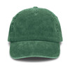 A green vintage washed cap with a soft texture and structured design, featuring a logo on the front.