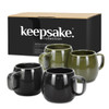 A set of two coffee mugs in black and olive green, packaged in a box with a logo.