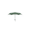 A dark green umbrella with a curved canopy and a sleek handle, featuring a branding logo.