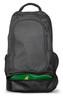 A black backpack with green accents featuring multiple compartments and mesh side pockets. It includes a logo.