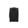A black wheeled duffle bag with a textured surface, featuring two wheels and a handle.