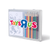 A sketch set featuring a transparent case containing a colouring book and eight coloured pencils in various bright colours.