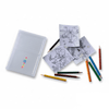 A sketch set featuring a clear case, colouring pencils in various colours, and several colouring pages.