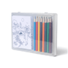 A sketch set containing coloured pencils in various colours and a notepad with a cartoon drawing. The set is in a clear case.