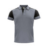 A polo shirt with a grey body and black sleeves, featuring a collar and button placket. It has a logo on it.