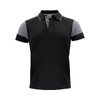 A black and grey polo shirt featuring a collar, short sleeves, and a logo on the chest.