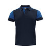 A navy blue polo shirt with blue sleeves and a collar, featuring a branding logo.