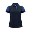 A women's polo shirt in navy with blue accents, featuring a collared neckline and a logo.