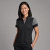 A woman models a women's polo shirt in black with grey accents, featuring a collar and short sleeves.