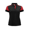 A women's polo shirt featuring a black body with red sleeves and a collar, designed with a logo.