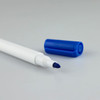 A whiteboard marker with a white body and a blue cap, featuring a blue felt tip. Branding is present on the marker.