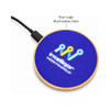 A circular wireless charger with a wooden base and a bright blue top surface, featuring a logo in the centre.
