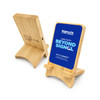 A bamboo phone stand with a blue display area, featuring a logo and promotional text.