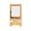 A bamboo charging stand with a rectangular surface and an electronic base, featuring a simple design and one logo.