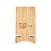 A bamboo wireless charging stand with a sleek design and a natural finish. It has a logo and specifications on the back.