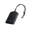 A black leather luggage tag with a grey braided cord and stitching detail, featuring a small logo.