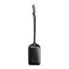 A black leather luggage tag features a braided strap and a logo. The design is sleek and minimalist.