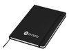 A black A5 notebook with a ribbon bookmark and an elastic band, featuring a logo on the front cover.