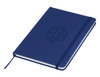A navy blue A5 notebook with a textured cover and a matching elastic band closure.