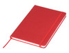 A red A5 notebook with a ribbon bookmark and an elastic closure, featuring a plain cover and a logo.