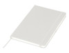A white A5 notebook with a textured cover, an elastic band, and a ribbon bookmark. Features a logo on the cover.