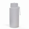 A drink bottle in smooth white with a secure cap and loop for carrying. It features a logo.
