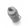 A drink bottle in light grey with a blue spout and a handle, featuring a logo on the side.