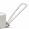 A drink bottle cap in white with a textured surface and a looped handle for easy carrying.