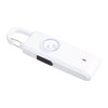 A white safety alarm keychain with a round button and a clip for attachment. It features a small speaker area.