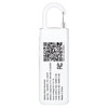 A white safety alarm keychain featuring a hook for attachment and a branding logo on one side.