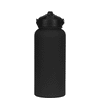 A black drink bottle with a screw-on lid and a matte finish, featuring a logo on the side.
