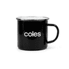 A black enamel mug with a silver rim and a branded logo. Simple, sturdy design with a handle.