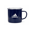 A drink mug in navy blue with a white logo. Features a handle and metallic finish.